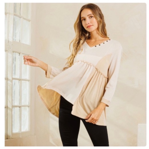 #2038 Buttoned Detail Relaxed Fit V Neck Long Sleeve Top - Picture 4 of 15